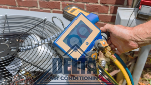 HVAC tech servicing AC unit outside of Texas home