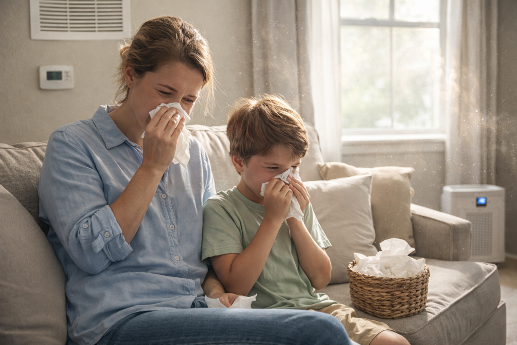 a mother and child experiencing severe allergies in their home